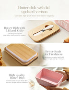Ceramic Butter Dish with Lid and Knife & Silicone Seal for Countertop Pink | Suitable Capacity, Great Sealing, Home Decor Kitchen Gift Housewarming Gift