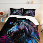 HOSIMA 3 Pieces Art Horse Comforter Set with 2 Pillowcases,Wildlife Horse Butterfly Black Comforter Boys Teens Aesthetic Room Decor,Animal Bedding Twin Bed in a Bag Sets for adults.