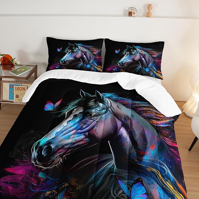 HOSIMA 3 Pieces Art Horse Comforter Set with 2 Pillowcases,Wildlife Horse Butterfly Black Comforter Boys Teens Aesthetic Room Decor,Animal Bedding Twin Bed in a Bag Sets for adults.