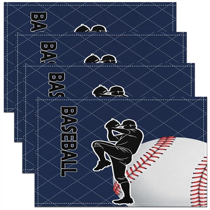 Feelyou Baseball Placemats Set of 4 18"x12" Navy Blue Baseball Table Place Mats, for Kids Boys Girls Teens Baseball Player Placemat for Kitchen Dining Table Decor Indoor Outdoor Set Ball Sport
