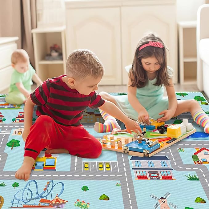 Kids Car Rug, 5' 3" x8' City Life Traffic Road Playmat for Toy Cars Trains, Non-Slip Race Track Carpet Educational Fun Area Rugs for Boy and Girl Bedroom Nursery