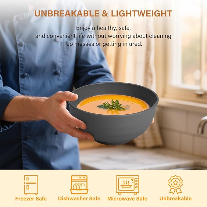 Homienly Wheat Straw Bowls Set of 8, 60oz Extra Large Unbreakable Bowls - Lightweight Alternative to Plastic Serving Bowls for Cereal, Ramen & Soup, Microwave Safe for Outdoor Activities (Grey)