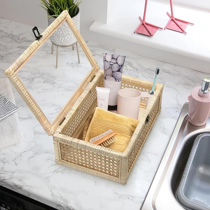 Rattan Decorative Boxes with Glass Lids, Set of 3 Sizes Boho Natural Hand-woven Cane Home Decor Organizers Storage Bins, Display Boxes Natural Finish