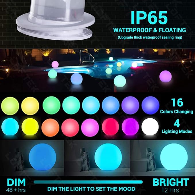 LOFTEK Floating Pool Light - 16-inch Large Ball Lamp with Remote - 3 Modes & 16 RGB Colorful - Waterproof & Rechargeable Globe Floor Lamp for Pool Party, Gaming Room, Garden, 1-Pack