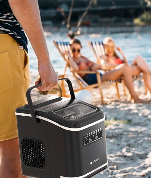 Ecozy Countertop Ice Maker, Portable, Self-Cleaning, 9 Bullet Ice Cubes in 6 Mins, 26lbs/24Hrs, Ice Maker Machine with Ice Bags, Handle, Standing Scoop and Basket, Black, IM-BS261C