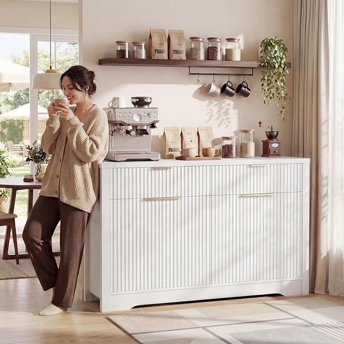 Cyclysio 55" Fluted Sideboard Buffet Cabinet with Drawers, White | Modern Accent Storage Console Table & Coffee Bar Station with Adjustable Storage Shelves for Dining Room, Kitchen, Entryway