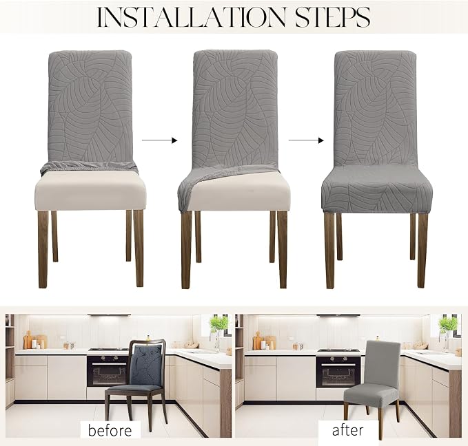 MOSAYT 100% Waterproof Dining Room Chair Covers Set of 4, Super Fit Stretch Jacquard Parson Chairs Slipcovers Removable Washable Chair Seat Protectors for Home, Kitchen, Banquet (Light Grey)