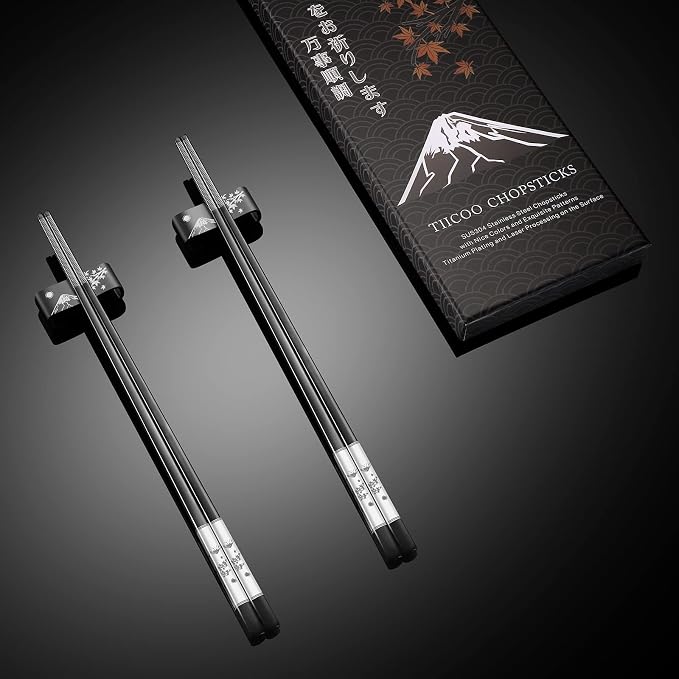 Premium 304 Stainless Steel Chopsticks Set - 2 Pairs Titanium Plated Japanese Style with Laser Engraved Design, Dishwasher Safe, Non-Slip Grip, Elegant Gift Box (Black)