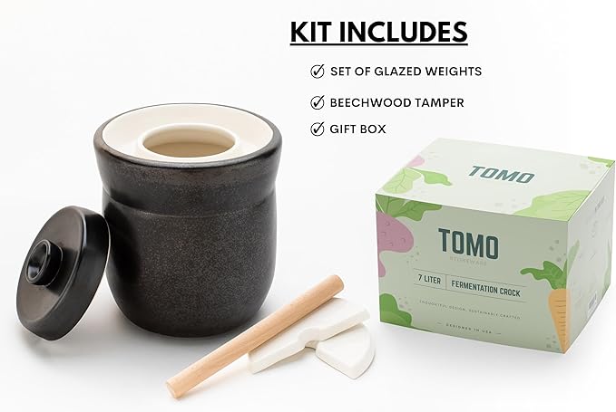 TOMO Fermentation Crock with Weights - Ceramic Sauerkraut Pickling Crock - Stoneware Kombucha Brewing (3L)