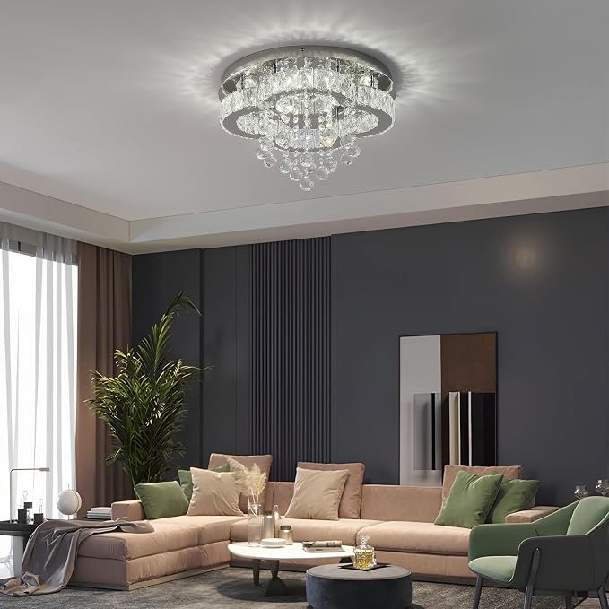 Crystal LED Ceiling Light Chandelier, Modern Flush Mount Lighting Fixture Ceiling Lamp for Living Room, Dining Room, Bedroom, Kitchen Island, Entryway