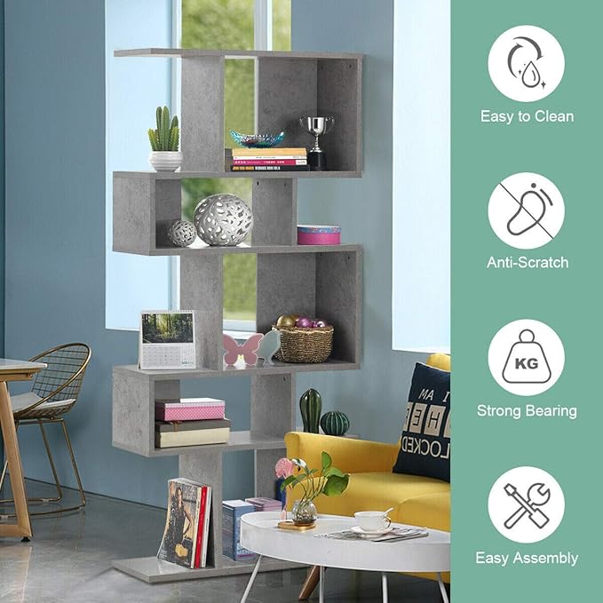 Giantex 5-Tier Geometric Bookshelf, 70" Tall Wood Freestanding Decorative Display Open Shelves with Anti-Tipping Device, Each Shelf Holds up to 44 lbs, Wooden S Shaped Bookcase, Gray