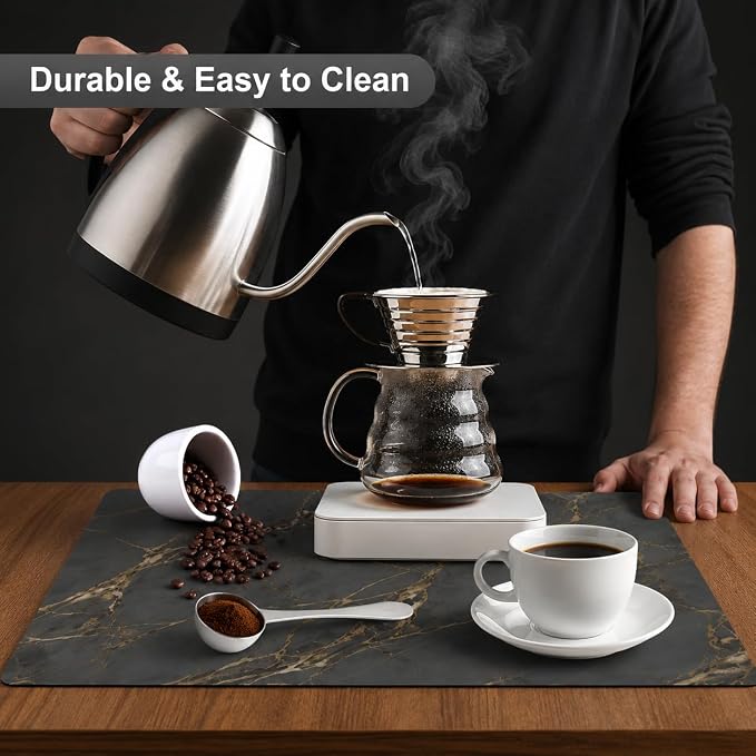 ZLR Coffee Bar Mat for Keurig & Nespresso, 12"x16" Small, Marble Gray | Absorbent Dish Drying Mat, Stain-Hiding PU Leather Top, Non-Slip Rubber Back, Heat-Resistant, Fits Frother & Pour-Over