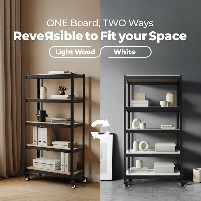 HOMEDANT House 5-Tier Metal Rolling Cart Shelf Rack Casters Heavy Duty Laminated Wheel Shelving Unit Adjustable Utility Storage Shelves Organizer Shelf Kitchen Garage 24.4" W x 16.5" D x 62.2" H 3Pack