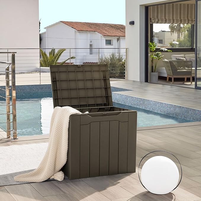 JUMMICO 31 Gallon Resin Deck Box Waterproof Indoor Outdoor Storage Boxes for Patio Furniture Cushions and Garden Tools (Brown)