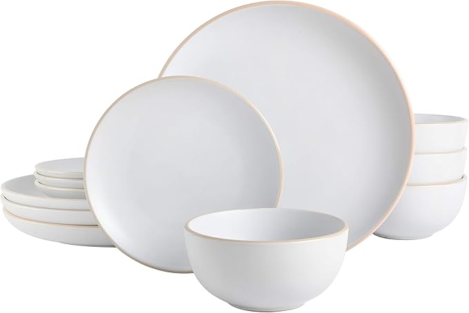 Gibson Home Rockaway 12-Piece Round Stoneware Dinnerware Set, Service for 4 – White Plates and Bowls, Modern Matte Finish, Microwave & Dishwasher Safe