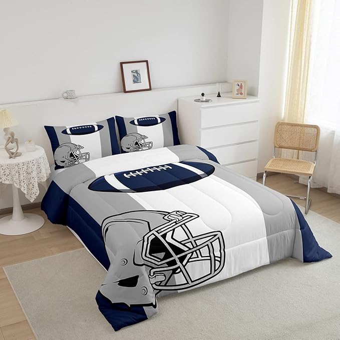 Feelyou Kids Football Comforter Set Queen Size Rugby Sports Bedding Set for Boys Teens Decor Soccer Ball Game Comforter American Football Grey Blue Duvet Set Quilt 3Pcs Boys