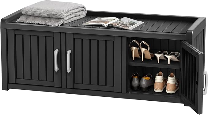 ROJIK Shoe Cabinet Waterproof UV-Resistant,Storage Bench Indoor Outdoor with Adjustable Shelves,for Entryway Bedroom,Hallway,Living Room(3 Door,Black)
