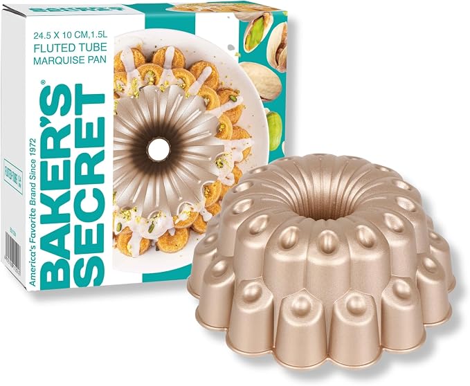 Baker's Secret Nonstick Fluted Cake Pan 10 Cups, Perfect for Fluted Cakes, Die Cast Aluminum Cake Pans, Easy Release, compatible with Fluted Cake Pans - The Cast Aluminum Collection (Marquise)
