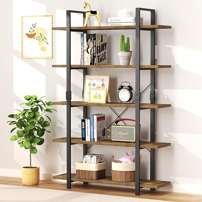 FRAPOW 5 Tier Bookshelf, 70 inch Tall Solid Bookcase Industrial Wooden Bookshelves Large Wall Etagere Rustic Vintage Book Shelf with Metal Frame Open Storage Rack for Living Room Home Office