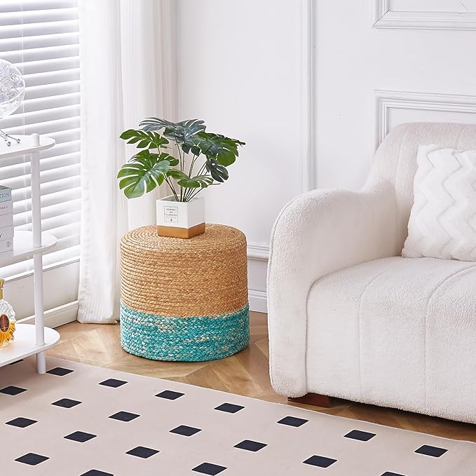 Wimarsbon 18'' Ottoman Pouf, Natural Braided Poof, Rustic Handweave Lounge Pouffe, Boho Footrest Stool for Bedroom, Accent Table for Living Room (Natural Water Hyacinth + Lake Blue Corn Husk)