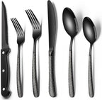 EWFEN 24-Piece Black Silverware Set with Steak Knives, Black Flatware Set for 4, Food-Grade Stainless Steel Tableware Cutlery Set, Mirror Finished Utensil Sets for Home Restaurant, Round Hammered