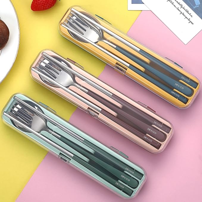 DEVICO Travel Utensils with Case, 18/8 Stainless Steel Silverware for Lunch | 4Pcs Portable Reusable Travel Cutlery Set, Korean Chopsticks Fork and Spoon Set for Camping/Picnic/Work/Gadgets/School, Brown