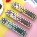 DEVICO Travel Utensils with Case, 18/8 Stainless Steel Silverware for Lunch | 4Pcs Portable Reusable Travel Cutlery Set, Korean Chopsticks Fork and Spoon Set for Camping/Picnic/Work/Gadgets/School, Brown