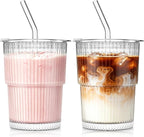 SoulTimes 13oz Ribbed Glass Tumbler with Lid and Straw – Iced Coffee Glasses Cups for Smoothie, Matcha, Juice, Water etc. Leakproof and Reusable Glassware Drinking for Travel To Go 【2 Pack】
