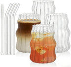 Tebery 4 Pack Cute Drinking Glasses, 16 Oz Ribbed Iced Coffee Cup Tumbler with Straws, Aesthetic Vintage Water Glassware Mug for Cocktail Smoothie Juice Beverage Milk Tea