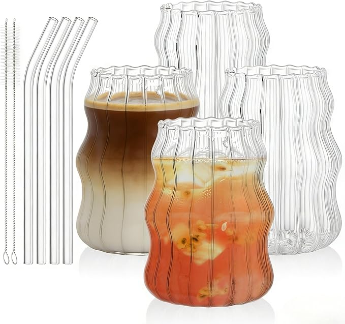 Tebery 4 Pack Cute Drinking Glasses, 16 Oz Ribbed Iced Coffee Cup Tumbler with Straws, Aesthetic Vintage Water Glassware Mug for Cocktail Smoothie Juice Beverage Milk Tea