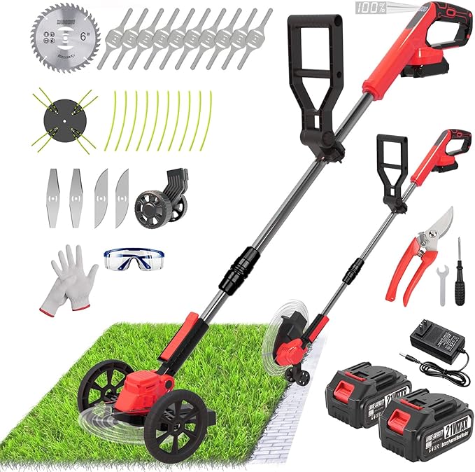 Cordless Weed Wacker Eater Battery Powered, 21V Lightweight Electric Weed Trimmer with 2 Battery Operated & Charger& Wheels & Shears, No-String Grass Trimmer/Brush Cutter/Lawn Edger for Yard Garden