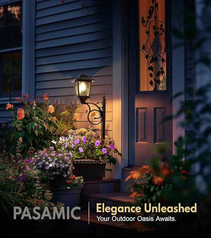 PASAMIC 2 in 1 Outdoor Flower Pots for Real or Fake Flowers, Solar Lamp Post Lights - Wall Mount or Freestanding, Waterproof Decorative Lamp for Lawn, Patio, Front/Back Door