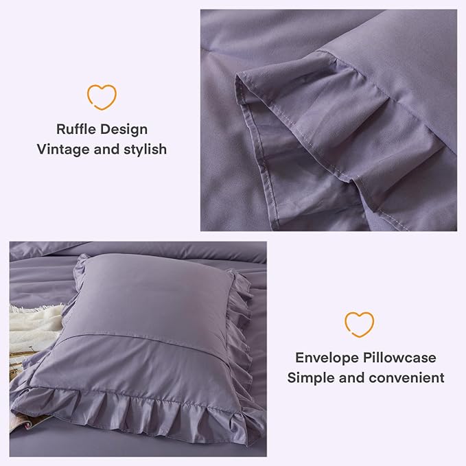 Andency California King Comforter Sets Grayish Purple (104x96Inch), 3 Pieces Cal King Ruffle Comforter, Oversized Farmhouse Shabby Chic Bed Comforter, Lightweight Soft Microfiber Bedding Set