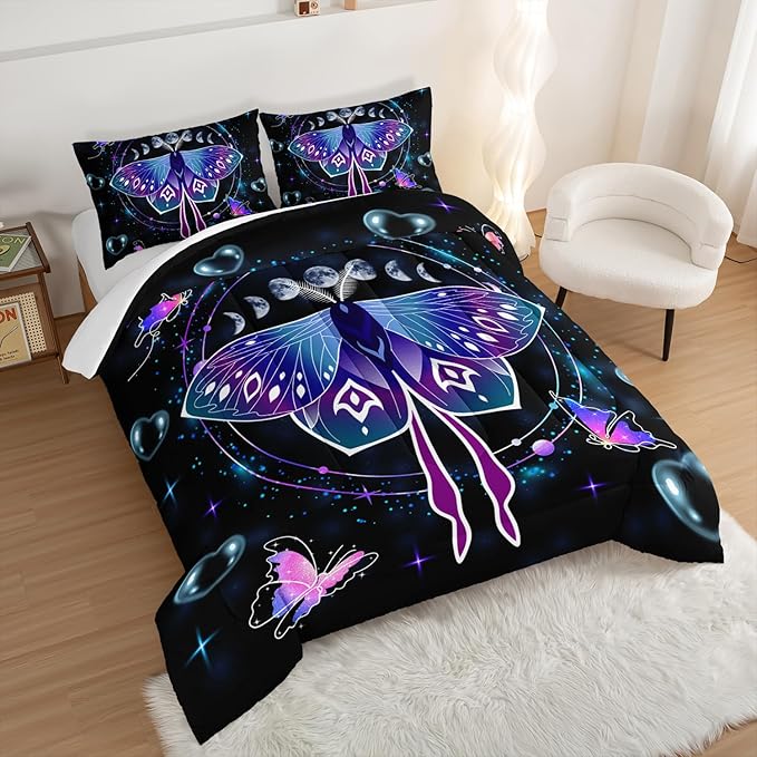 HOSIMA Butterfly Comforter Set with 2 Pillowcases,Moon Starry Sky Galaxy Comforter Butterfly Room Decor Aesthetics,Blue Heart -Shaped Bubble King Size Comforter Set for Adults Kids Black Comforter.