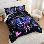 HOSIMA Butterfly Comforter Set with 2 Pillowcases,Moon Starry Sky Galaxy Comforter Butterfly Room Decor Aesthetics,Blue Heart -Shaped Bubble Twin Bed in A Bag Sets for Adults Kids Black Comforter.