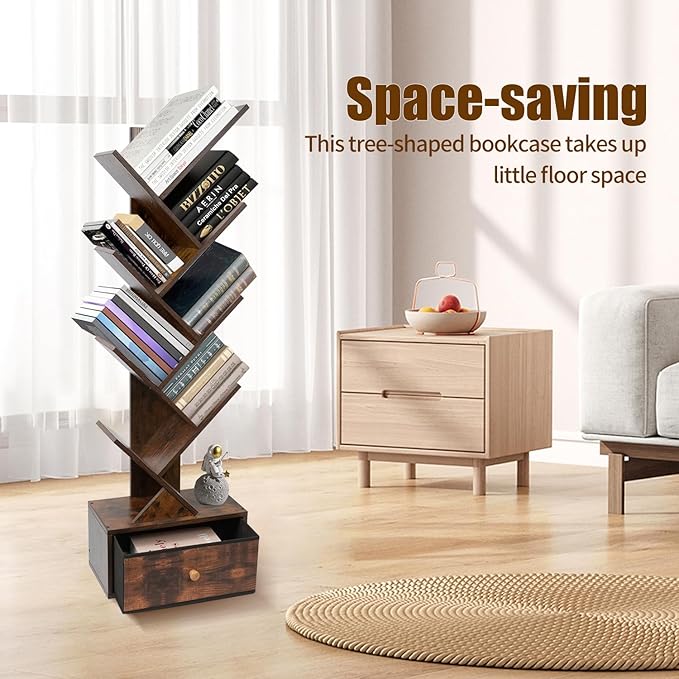 8-Tier Bookshelf Tree Bookshelf Book Tree with Drawer Wooden Bookshelves Storage Rack for CDs/Books, Shelves for Bedroom, Living Room & Office (Rustic Brown)