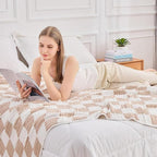 EMME Checkered Cotton Blanket Twin Large 60"x80" 100% Muslin for Couch Breathable Cooling Gauze All Season Soft and Lightweight Pre-Washed (Light Tan)