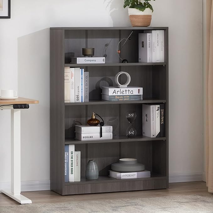 Farini Grey Bookshelf for Bedroom 4 Shelf Office Bookcase 48 Inches Tall Modern Wood Bookshelf for Living Room 4 Tier Wide Manga Bookshelf Library Bookcase