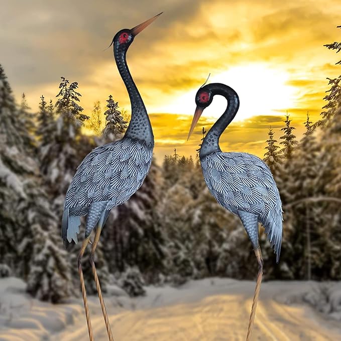 Crane Statue Garden Décor, Metal Heron Statue Yard Art for Outdoor Patio Lawn Backyard Pool Front Porch Deocr, Bird Garden Sculpture & Statues, Set of 2, Black and White