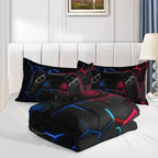Axolotl Gamer Comforter Sets Full,Geometric Honeycomb Gaming Bedding Sets,Video Games Comforter,Gaming Bedding Set,Game Console Comforter Set for Kids Boys Girls Teens,1 Quilt 2 Pillowcases,Blue Red