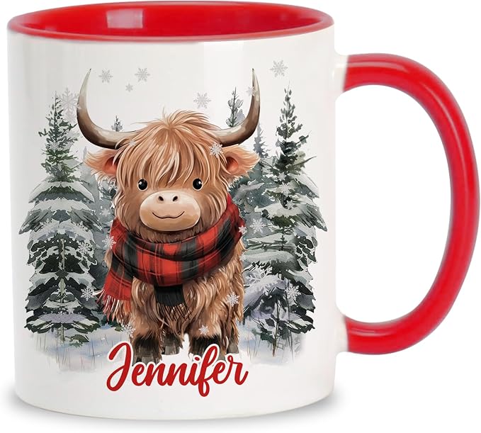 Hyturtle Personalized Winter Highland Cow Coffee Mug for Christmas Birthday | Highland Cow Lovers Gift Ideas for Women Men - 11oz Two Tone Color Red/White Ceramic Tea Mug Cup, Comfort grip handle