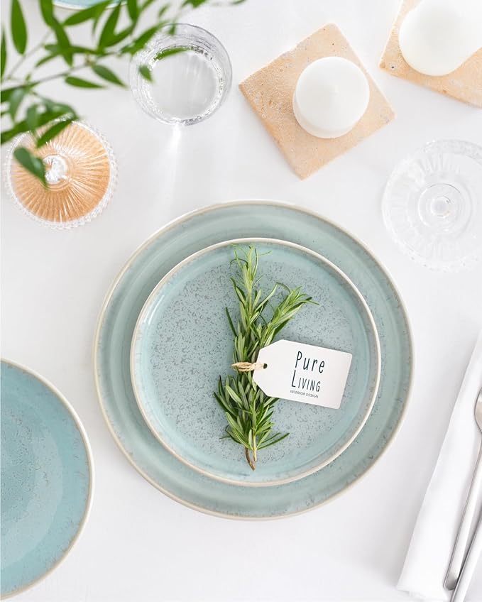 Stoneware dinnerware set 4 persons 12 pcs – Modern style plates and bowls set ceramic – Dishwasher, microwave and scratch resistant – Bowl and plate set – Dinner service Pure Living beige & light blue