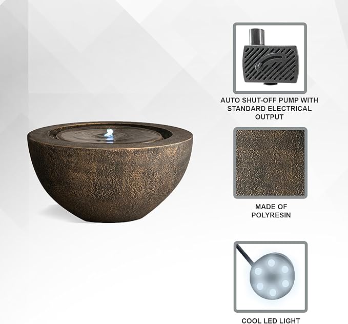 Xbrand 19.8" W Round Polyresin Indoor/Outdoor Sphere Water Fountain with LED Light, Garden/Patio Water Fountain Décor, Bronze