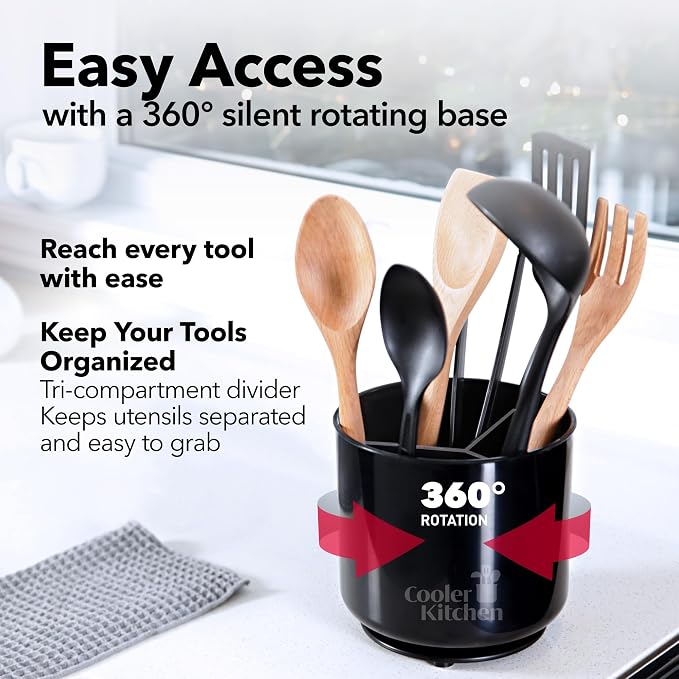 Cooler Kitchen Jumbo Extra Large Sturdy Rotating Black Utensil Holder Caddy with No-Tip Weighted Base, and Gripped Insert - Rust Proof and Dishwasher Safe Kitchen Utensils Holder