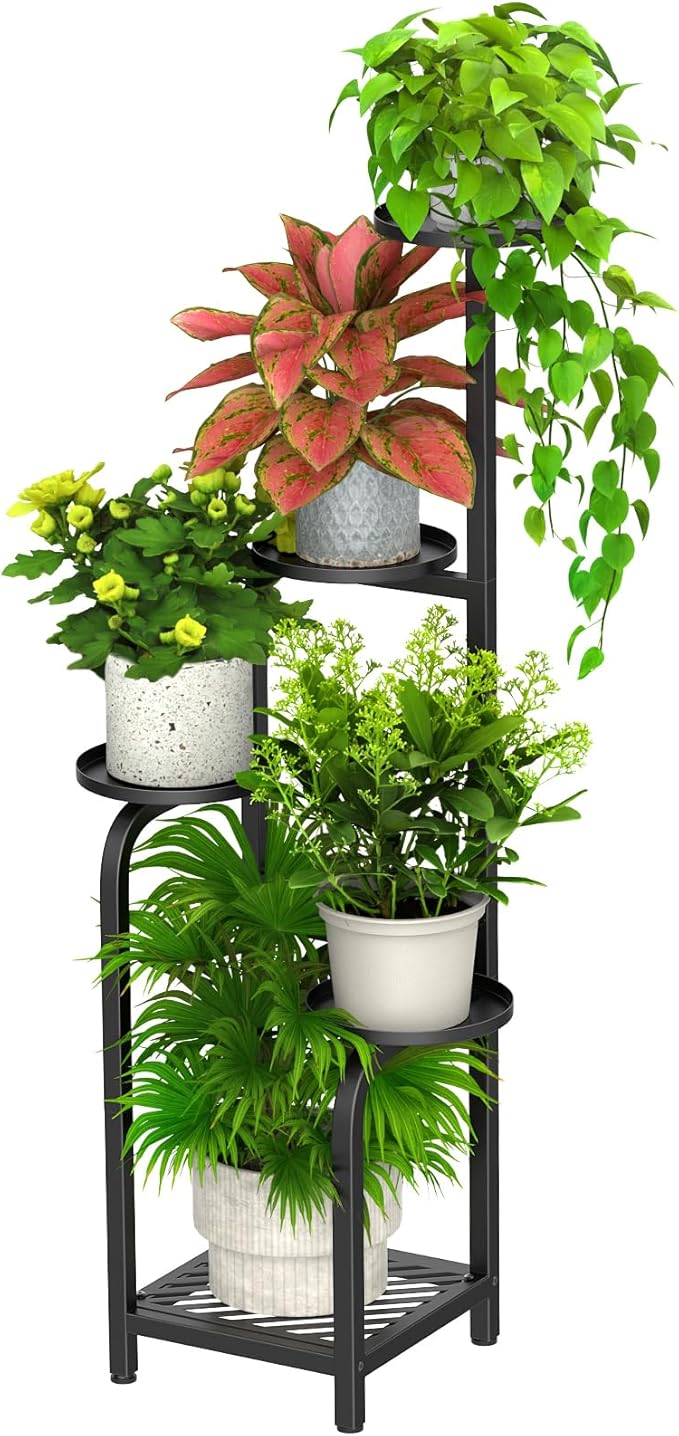 TOSKING 5 Tier Tall Plant Stand Indoor Outdoor, Heavy Duty Corner Shelf for Plants & Decor, Space Saving 3.9FT Metal Flower Pot Stand for Balcony, Garden, Living Room, Patio (Black, 47in)