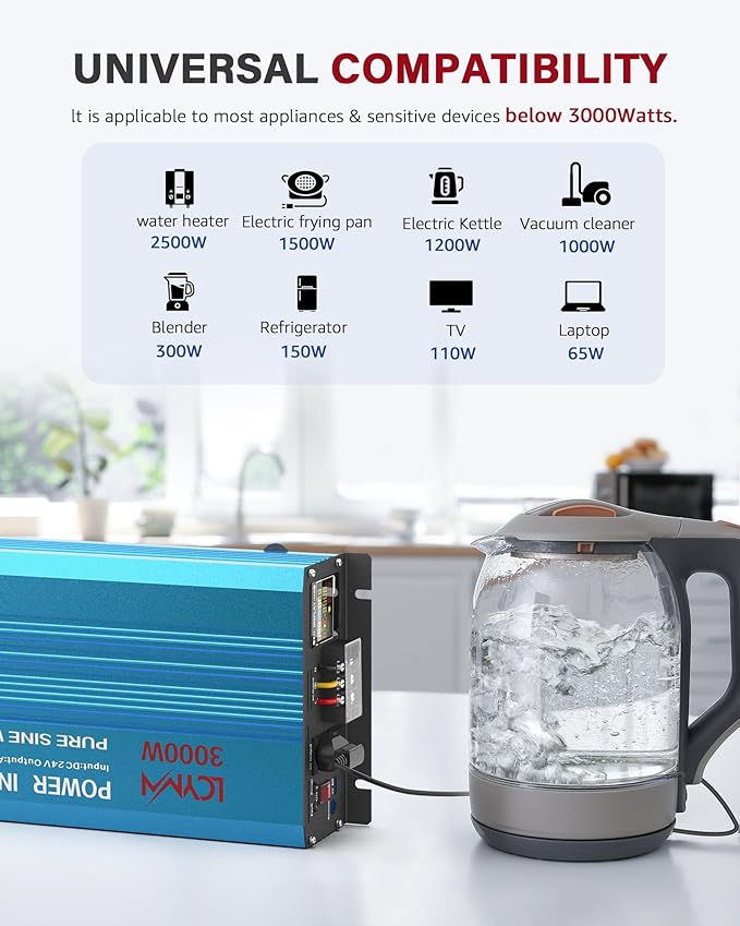 3000 Watt Inverter Pure Sine Wave DC 24V to 110V/120V AC Power Inverters with 2 AC Charger Outlets 6000W Peak Car Solar Converter for Vehicles Home with LCD Display and 2.4A USB Charging Port
