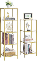4-Tier Bookshelf,Metal Bookcase,Tempered Glass Shelves,Storage Rack Shelf for Home Office,Living Room,Bedroom, Bathroom,Modern Style,Golden