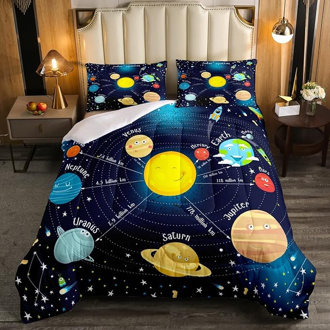 Erosebridal Outer Space Comforter Set Starry Sky Bedding Set King Size for Kids Boys Girls Room Galaxy Planet Space Duvet Sets Solar System Cartoon Down Comforter 3 Pieces with 2 Pillow Cases, Blue