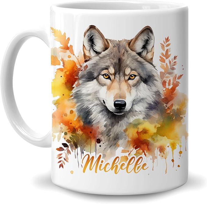 Hyturtle Personalized Fall Wolf Coffee Mug, Fall Autumn Décor | Birthday Gifts For Wolf Lovers - Wolves Gift Ideas For Farmhouse Thanksgiving - Custom Name 11oz White Ceramic Coffee Tea Mug