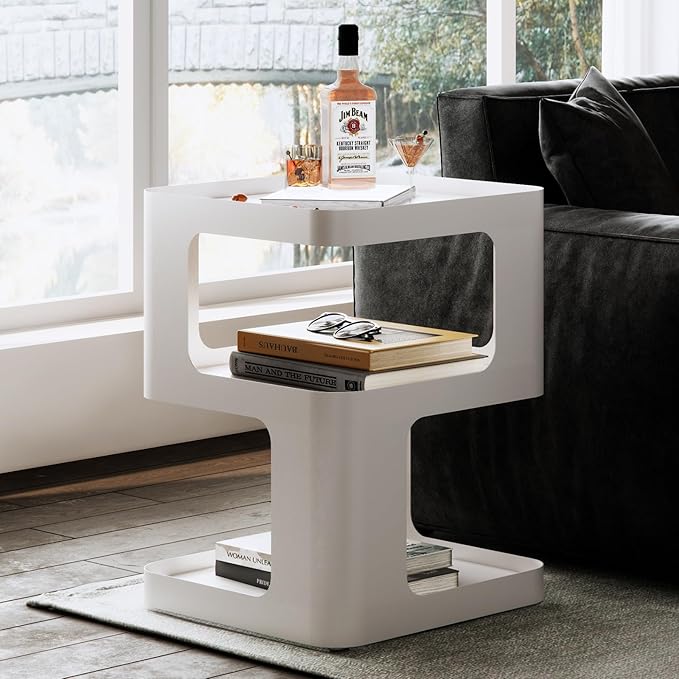 Modern Side Table,White end Table,Unique nightstand,Bedside Table,Metal 3-Tier Night Stand with Storage,Accent Side Table for Couch,Bedroom,Living Room.No Assembly Required.